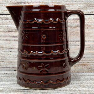 Vintage Mar-Crest Daisy and Dot Brown Stoneware Pitcher Oven Proof USA 8 Inch